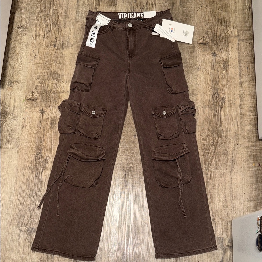 VIP Brown Wide Leg Cargo Jeans